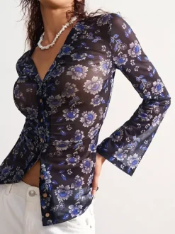 Chemise à manches longues boutonnée à imprimé floral et coupe ajustée pour femme 2026