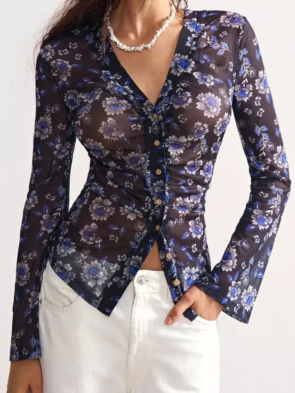 Chemise à manches longues boutonnée à imprimé floral et coupe ajustée pour femme 2026