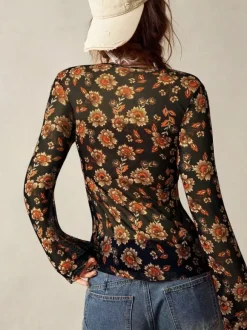 Chemise à manches longues boutonnée à imprimé floral et coupe ajustée pour femme 2026