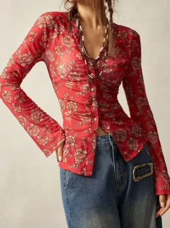 Chemise à manches longues boutonnée à imprimé floral et coupe ajustée pour femme 2026
