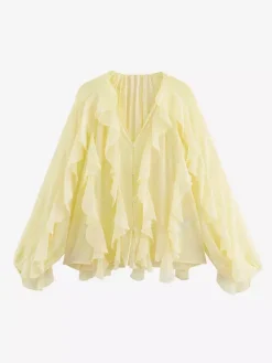 Chemise bordeaux pour femme col V manches longues boutons et volants style décontracté