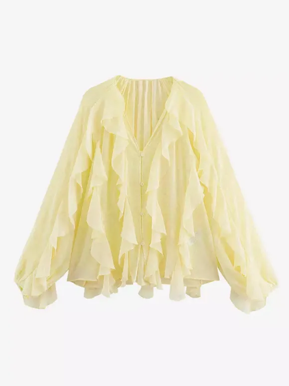 Chemise bordeaux pour femme col V manches longues boutons et volants style décontracté