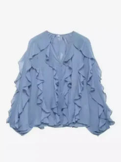 Chemise bordeaux pour femme col V manches longues boutons et volants style décontracté