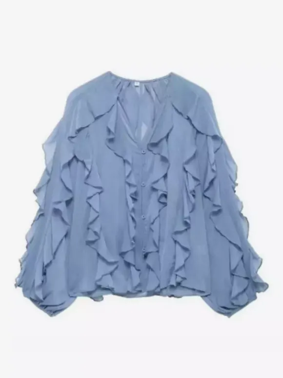 Chemise bordeaux pour femme col V manches longues boutons et volants style décontracté