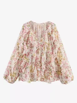 Chemise bordeaux pour femme col V manches longues boutons et volants style décontracté