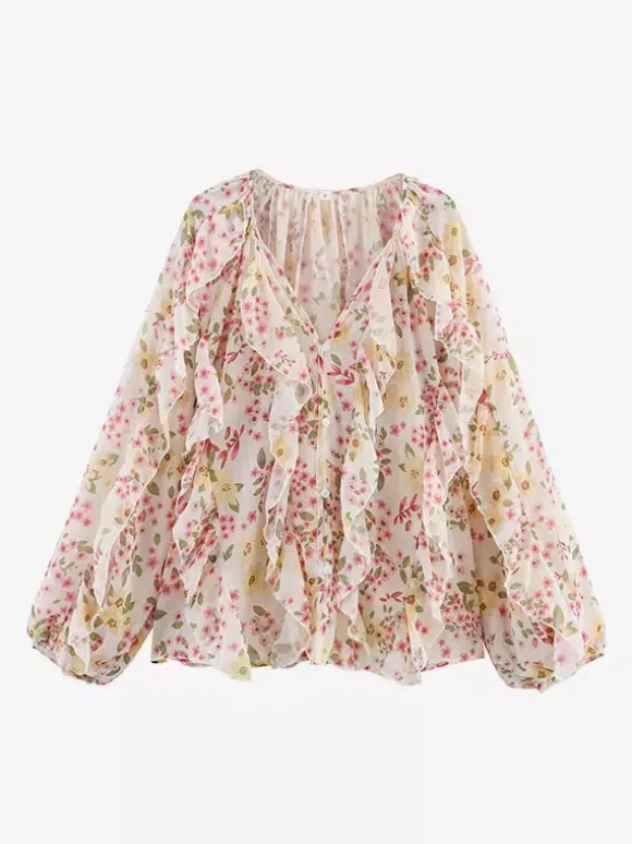 Chemise bordeaux pour femme col V manches longues boutons et volants style décontracté