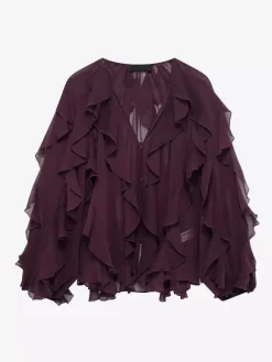 Chemise bordeaux pour femme col V manches longues boutons et volants style décontracté
