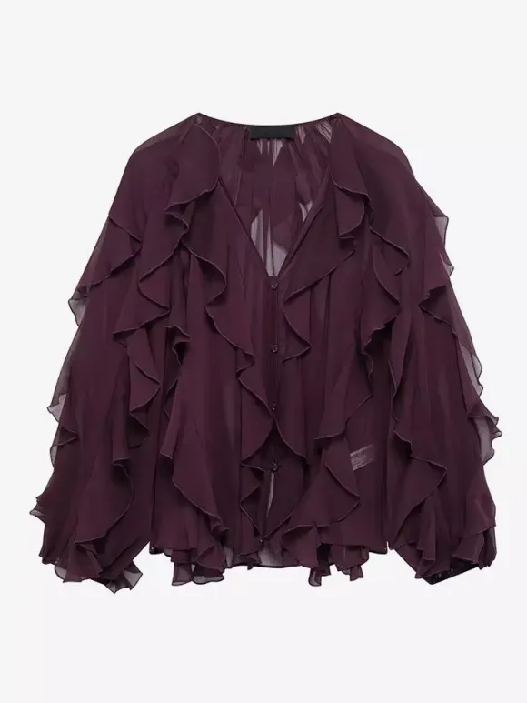 Chemise bordeaux pour femme col V manches longues boutons et volants style décontracté