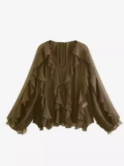 Chemise bordeaux pour femme col V manches longues boutons et volants style décontracté