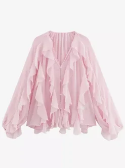 Chemise bordeaux pour femme col V manches longues boutons et volants style décontracté