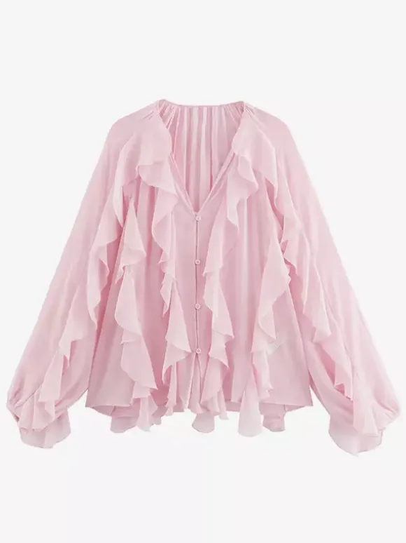 Chemise bordeaux pour femme col V manches longues boutons et volants style décontracté
