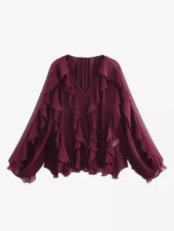 Chemise bordeaux pour femme col V manches longues boutons et volants style décontracté