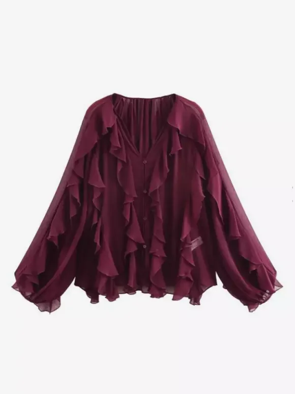 Chemise bordeaux pour femme col V manches longues boutons et volants style décontracté