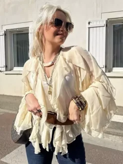 Chemise bordeaux pour femme col V manches longues boutons et volants style décontracté