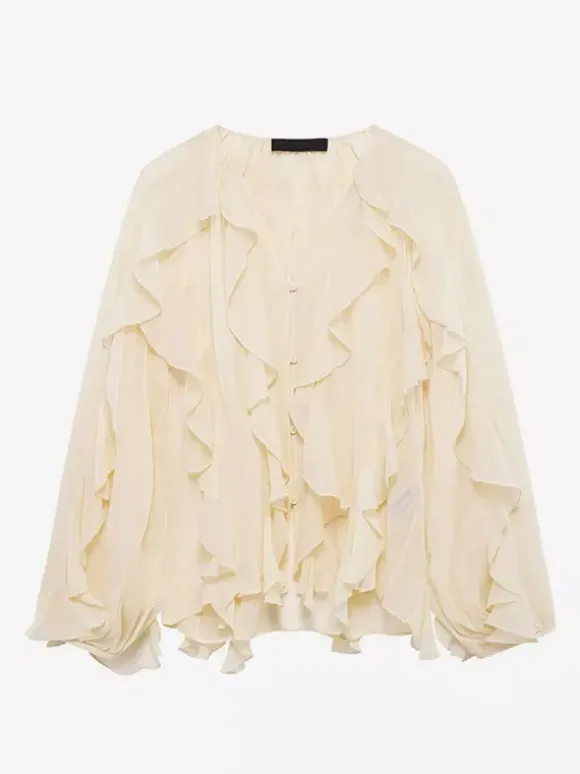 Chemise bordeaux pour femme col V manches longues boutons et volants style décontracté