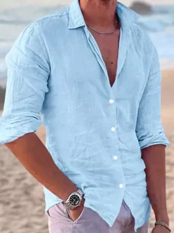 Chemise cubaine à manches longues pour hommes chemises décontractées en lin pour la plage et l'été