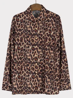 Chemise Décontractée Col Rabattu Simple Imprimé Léopard Café Marron