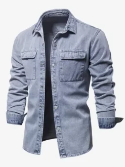 Chemise Décontractée Manches Longues Hommes Couleur Unie Coupe Cintrée En Denim