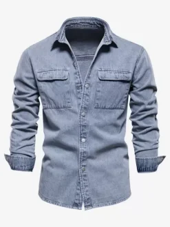 Chemise Décontractée Manches Longues Hommes Couleur Unie Coupe Cintrée En Denim