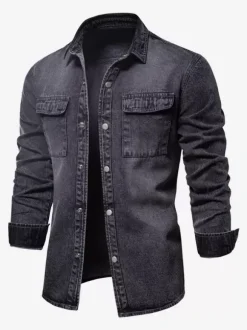 Chemise Décontractée Manches Longues Hommes Couleur Unie Coupe Cintrée En Denim