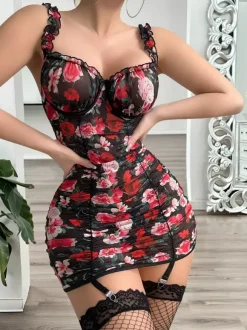 Chemise de nuit en dentelle noire à imprimé floral sans manches jupe crayon moulante lingerie