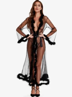 Chemise De Nuit Lingerie Ensemble Longue Noire En Fausse Fourrure Ceinture Polyester Sexy