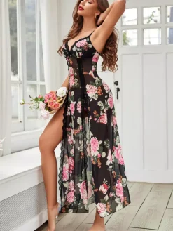 Chemise de nuit longue en dentelle noire à imprimé floral fente haute lingerie sexy avec dos en T