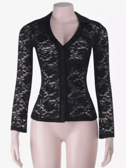 Chemise en dentelle transparente pour femme - Cardigan cintré à col V style gothique - Top idéal pour une soirée printanière 2026