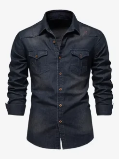 Chemise En Jean Décontractée À Manches Longues Homme Couleur Unie Coupe Cintrée