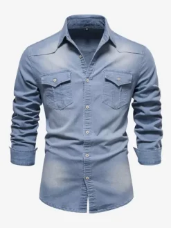 Chemise En Jean Décontractée À Manches Longues Homme Couleur Unie Coupe Cintrée
