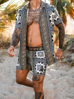 Chemise Hawaïenne Pour Hommes 2 pièces géométriques manches courtes col rabattu bleu