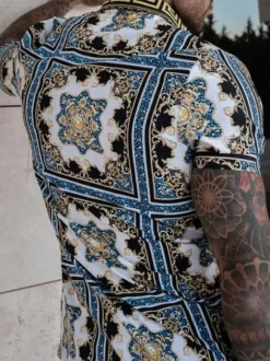 Chemise Hawaïenne Pour Hommes 2 pièces géométriques manches courtes col rabattu bleu