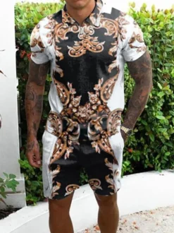 Chemise Hawaïenne Pour Hommes 2 pièces bloc de couleurs manches courtes col rabattu noir