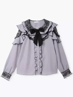 Chemise Lolita en dentelle col rond volants manches longues ruban décoré