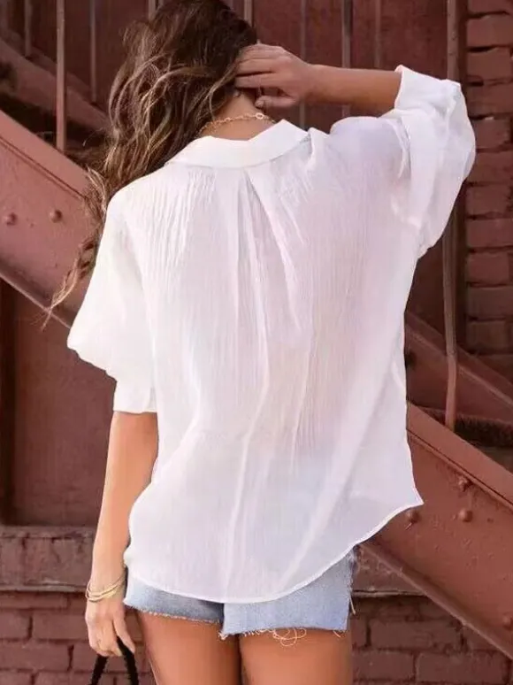 Chemise Pour Femme Blanc Oversize Plissée Col Rabattu Décontracté Manches Longues Tops