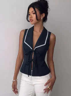 Chemise pour femme bleu foncé à blocs de couleur col rabattu lacé débardeur sexy