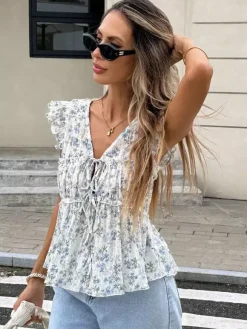 Chemise pour femme bleue à col en V sans manches lacée style décontracté