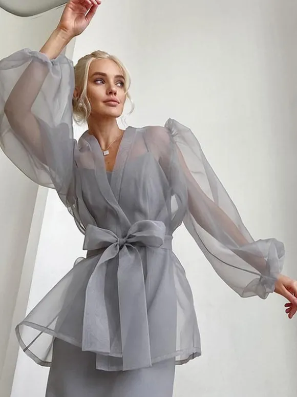 Chemise Pour Femme Gris Stretch Plissé À Lacets Col En V Décontracté Manches Longues Tulle Tops