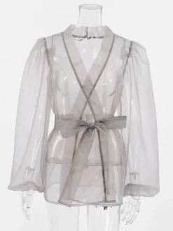 Chemise Pour Femme Gris Stretch Plissé À Lacets Col En V Décontracté Manches Longues Tulle Tops