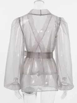 Chemise Pour Femme Gris Stretch Plissé À Lacets Col En V Décontracté Manches Longues Tulle Tops