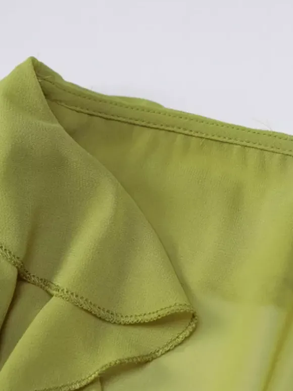 Chemise pour femme verte en polyester col en V plissée décontractée à lacets manches longues