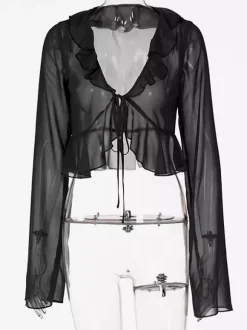 Chemise pour femme verte en polyester col en V plissée décontractée à lacets manches longues