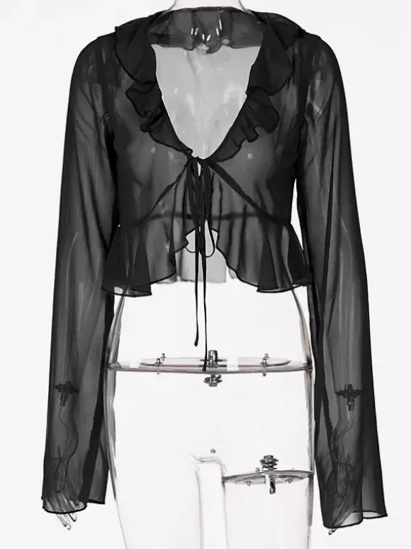 Chemise pour femme verte en polyester col en V plissée décontractée à lacets manches longues