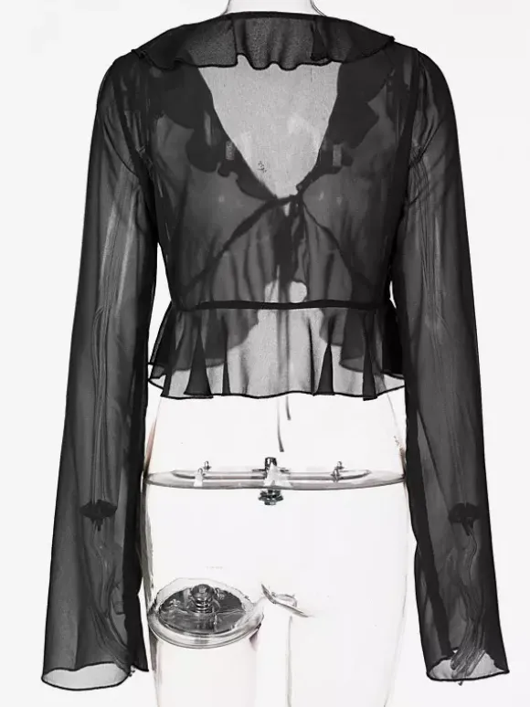 Chemise pour femme verte en polyester col en V plissée décontractée à lacets manches longues