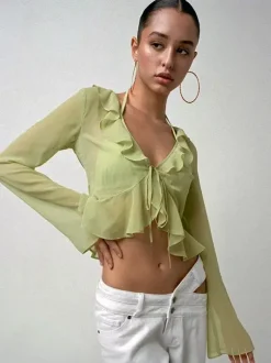 Chemise pour femme verte en polyester col en V plissée décontractée à lacets manches longues