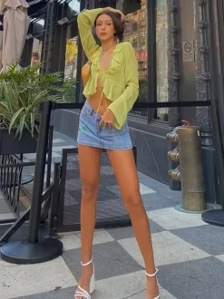 Chemise pour femme verte en polyester col en V plissée décontractée à lacets manches longues