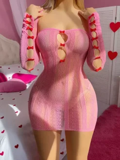 Chemise rayée rose pour la Saint-Valentin n艙uds en nylon résille rose mini-lingerie ajourée séduisante