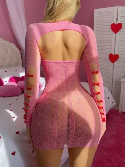 Chemise rayée rose pour la Saint-Valentin n艙uds en nylon résille rose mini-lingerie ajourée séduisante
