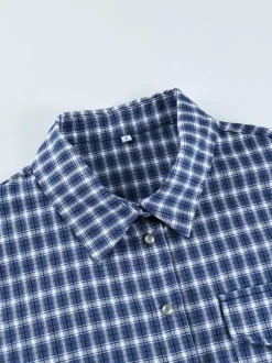 Chemise vintage bleue à carreaux vichy oversize manches longues boutonnée