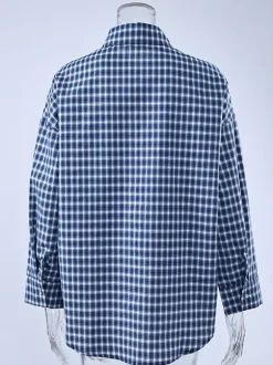 Chemise vintage bleue à carreaux vichy oversize manches longues boutonnée